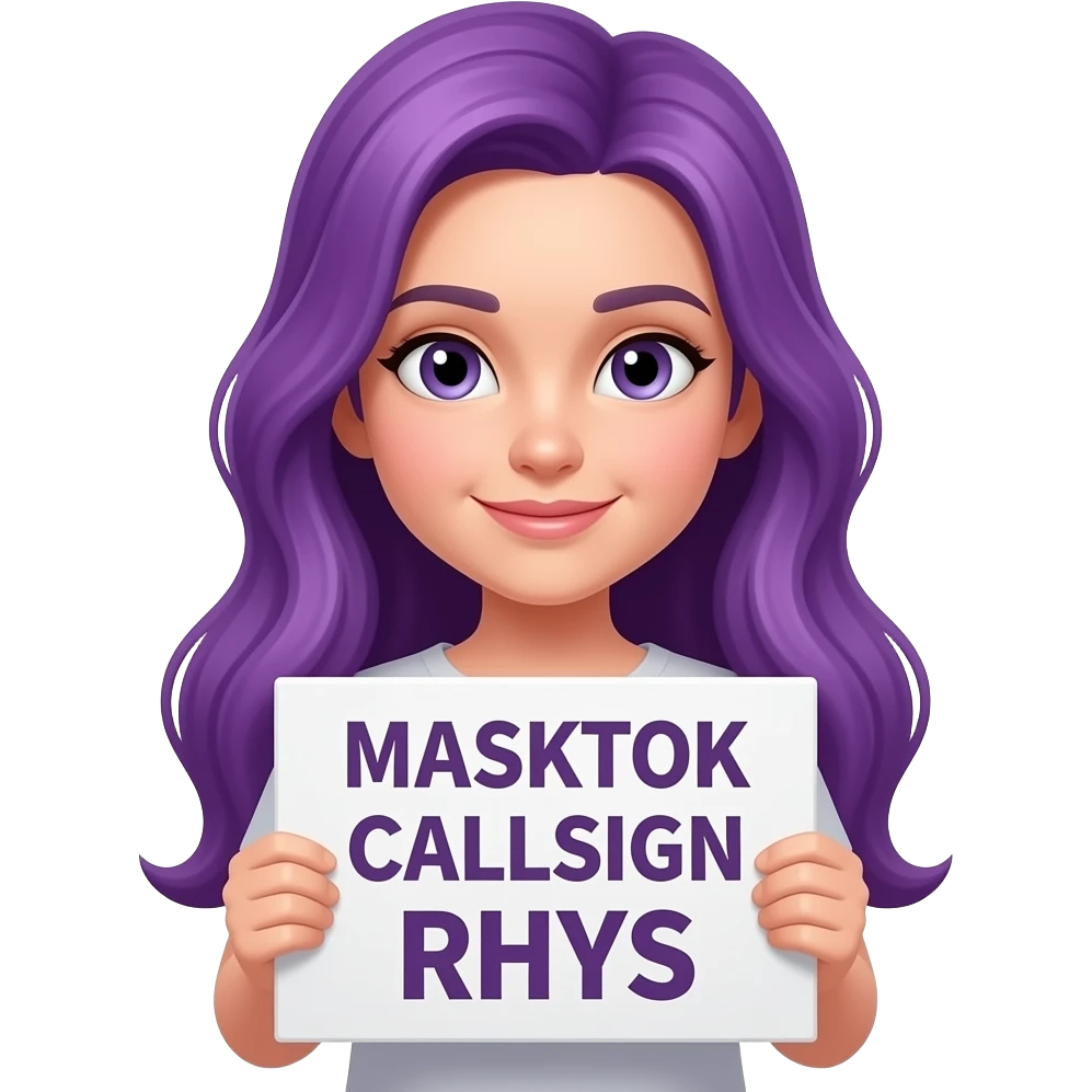 girl with long purple hair with a MASKTOK CALLSIGN:RHYS sign emoji