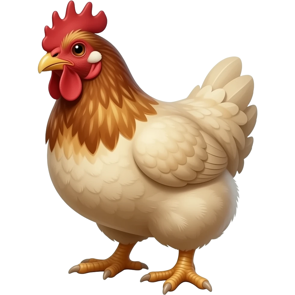 cinematic realistic - a huge ivory hen with grown thick male feet like a Hobbit, the hen's head is disheveled, shown at a 45 degree angle emoji