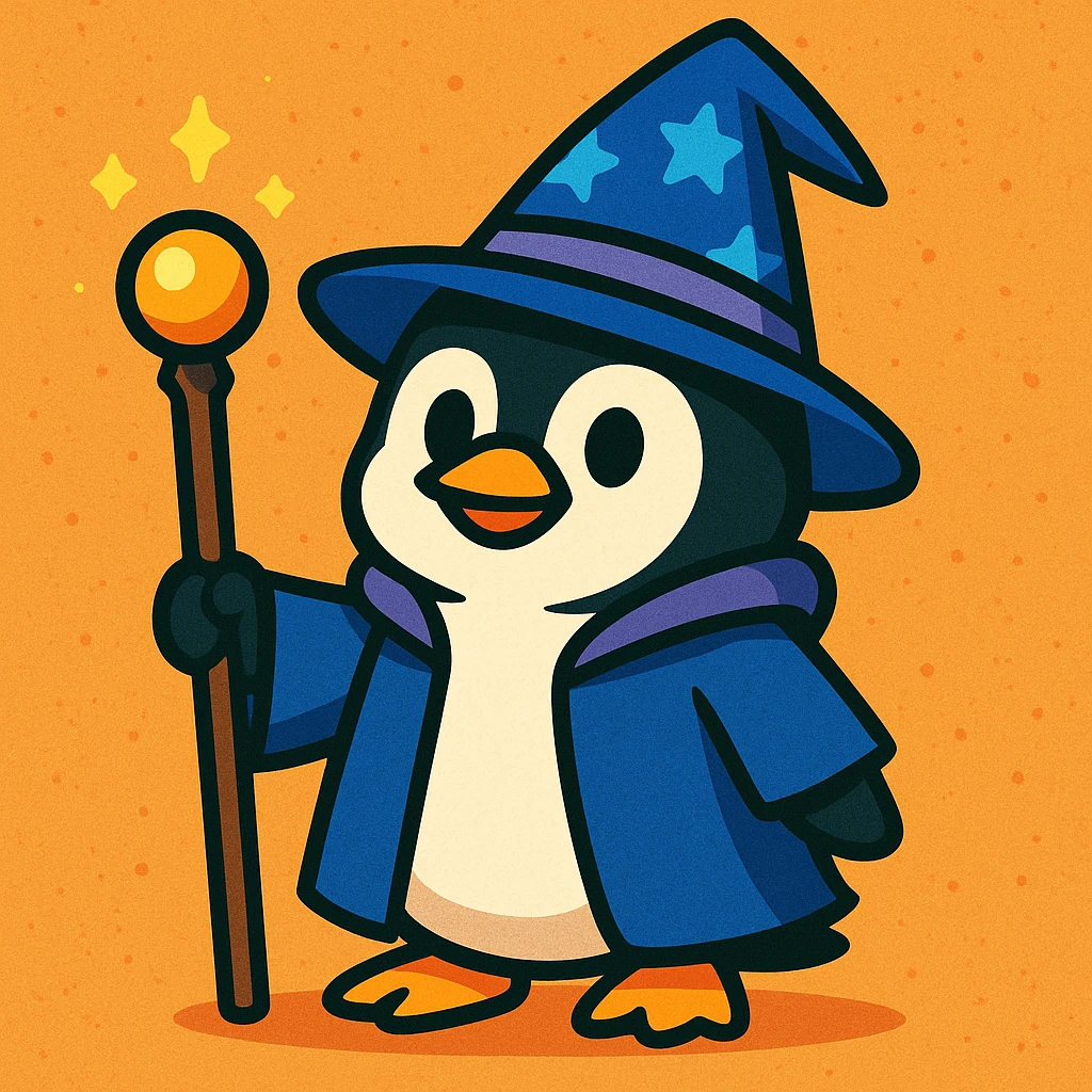 cute cartoon style penguin dressed as a wizard, wearing a pointed hat and holding a magic staff emoji