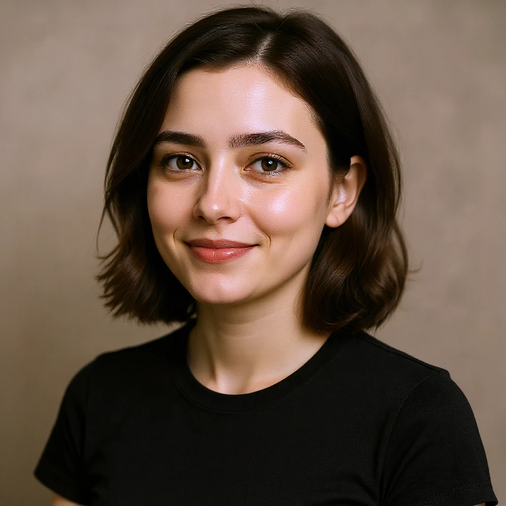 Realistic portrait with natural skin tones and detailed facial features, neutral background. emoji