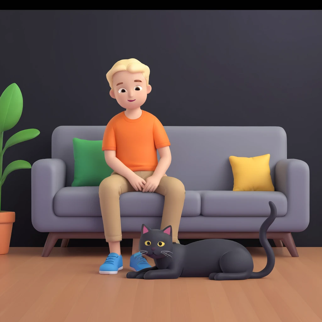 boy and cat pet, living room background emoji