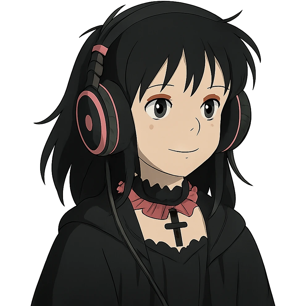 gothic headphones, black and pink colors, ghibli style emoji