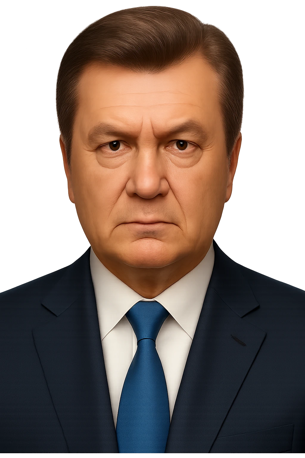 Make the face much more realistic and closely resemble Viktor Yanukovych, while keeping the iPhone emoji style, with no background. Preserve the distinctive features and colors of the iPhone emoji style but enhance realism and likeness to Viktor Yanukovych. emoji