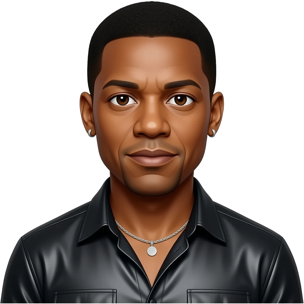 Denzel Washington with dark brown eyes, black hair, black metallic shirt, silver necklace and short earrings emoji