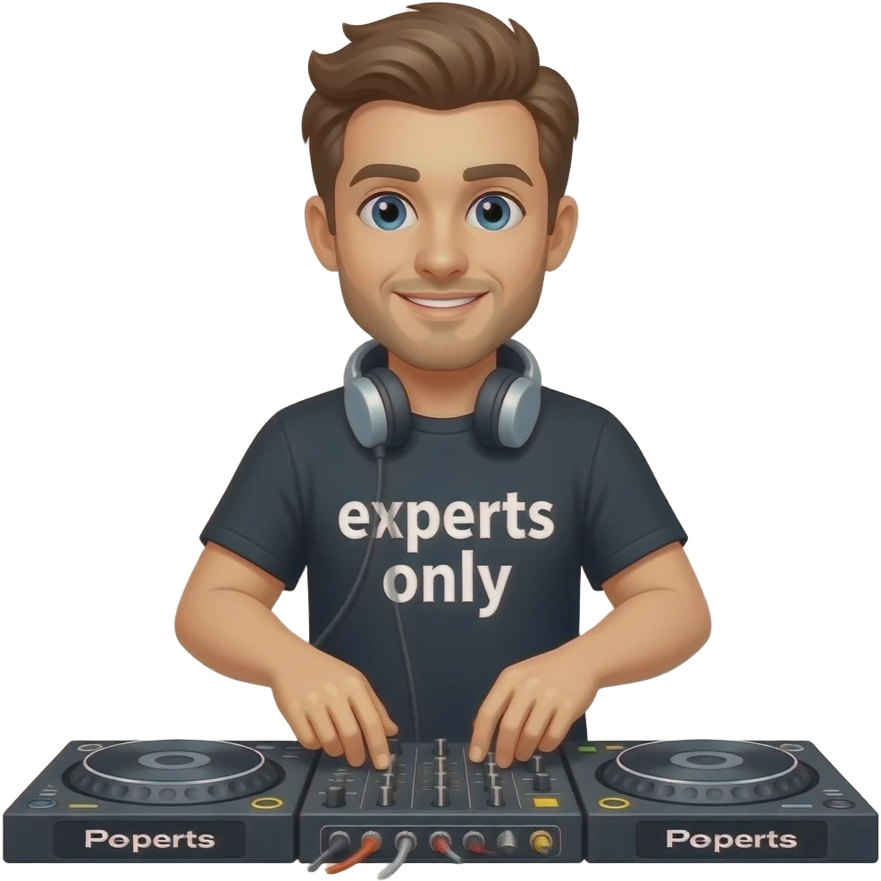 white guy brown hair djing festival with shirt that says experts only emoji