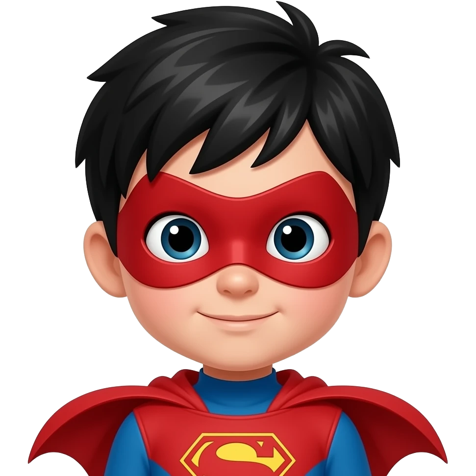 quiero que me hagas a un superheroe con el pelo negro mascara roja i con un traje rojo que sea un niño emoji