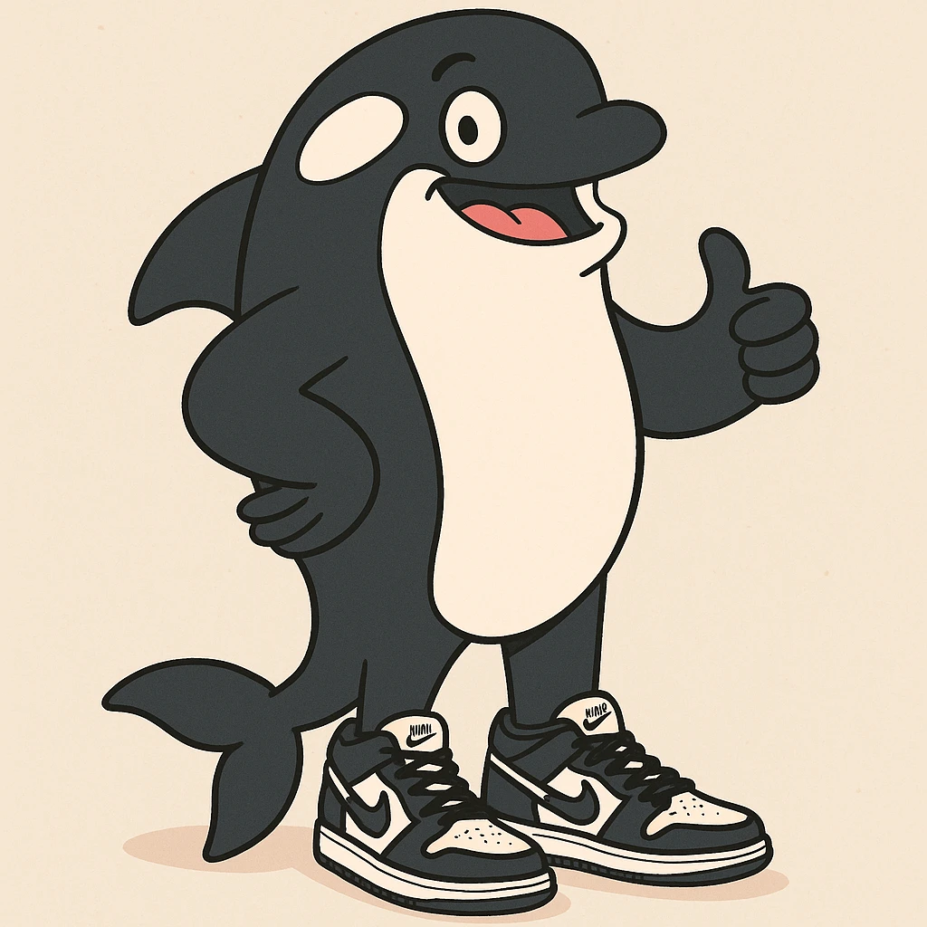 orca standing upright showing off black and white Nike sneakers, fun and bold, flat color style emoji