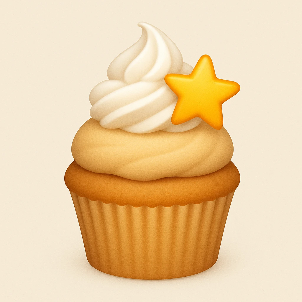 Add a swirl of whipped cream and a star-shaped sprinkle to the cupcake with beige frosting and a star-shaped candy in emoji style. emoji