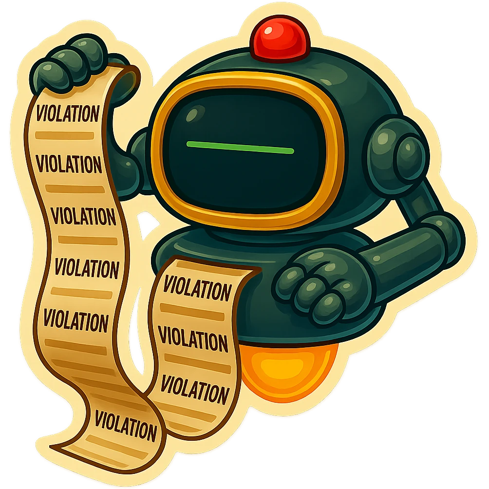 auditor robot prints out violations from benieth screen no legs. the robot hovers emoji