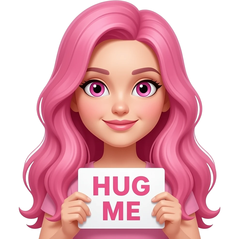 sexy girl with long pink hair and pink eyes holding HUG ME sign emoji