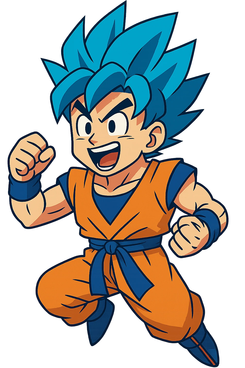 Goku with spiky blue hair, anime style, energetic expression emoji