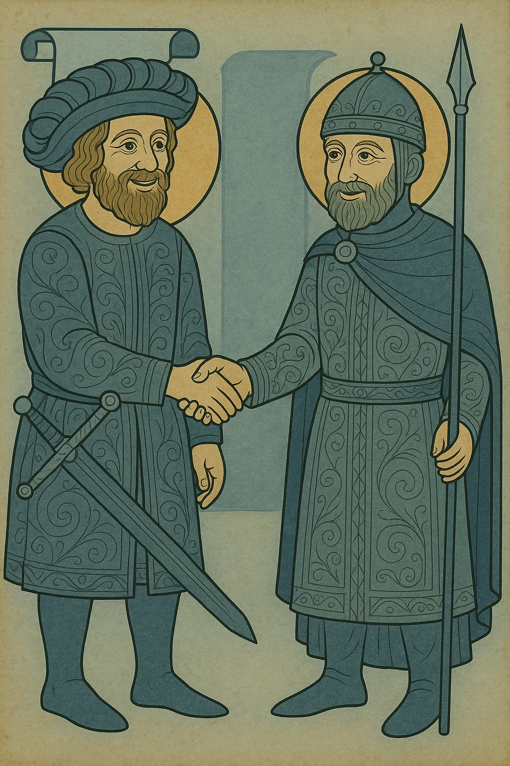 Landsknecht shaking hands with a Byzantine guard, both happy, scroll in the background, ceremony clothes emoji
