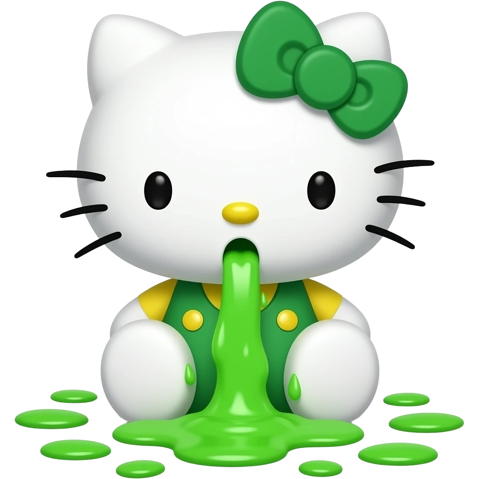 green-white hello kitty is vomiting neon green through her mouth, spewing it out onto the floor at her feet niagara show fuck w finger emoji