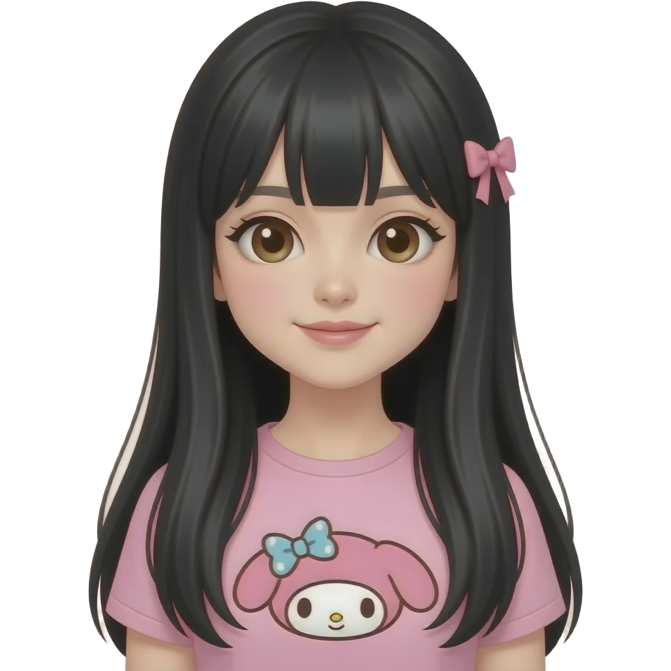 creame una beautyful girl con cabello super lacio, negro y extremadamente largo, que no tenga moños solo un pequeño lazo en la parte trasera de su cabello, el color de piel sera blanco y tendra ojos marrones y la boca rosita, con una camisa rosita pastel con una my melody emoji