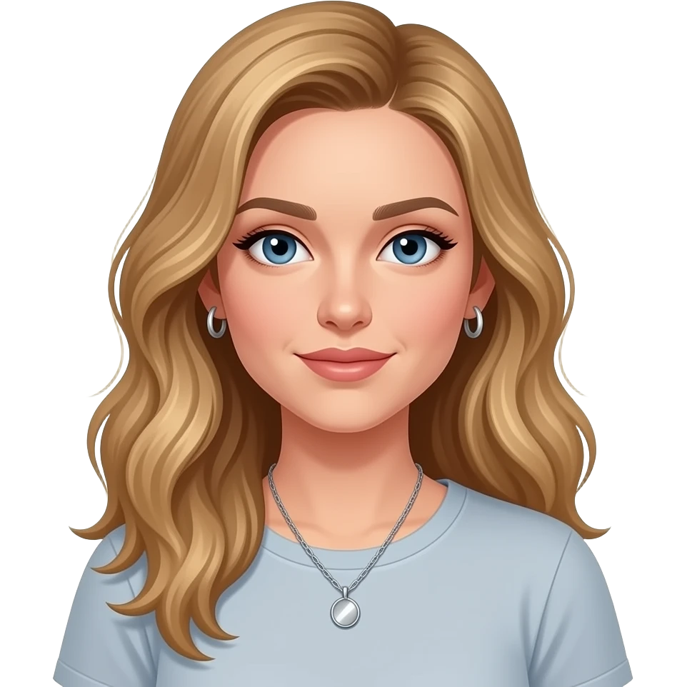 woman, blue eyes, late twenties, mousey blonde hair, long wavy hair, t shirt, silver pendant necklace, small silver hoop earrings emoji