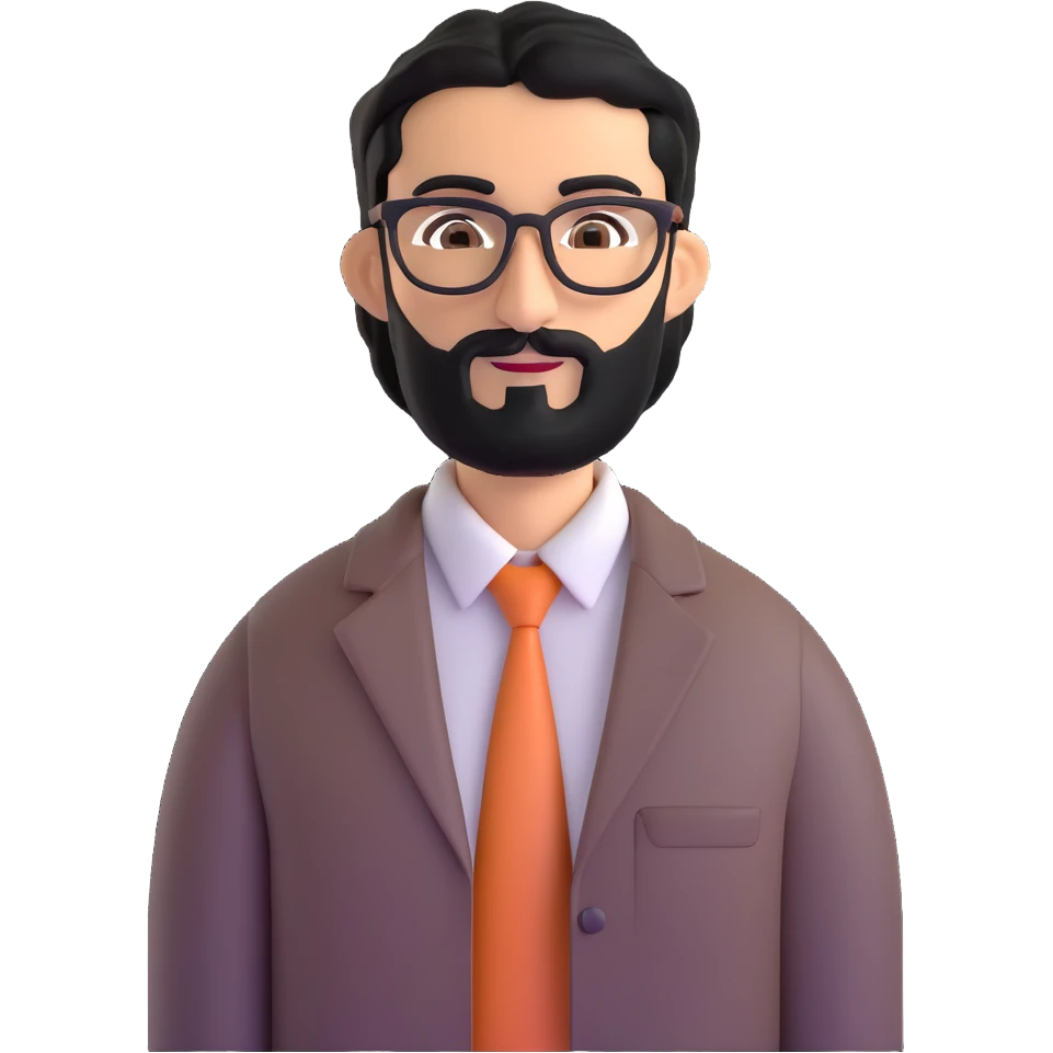professional middle eastern businessman with medium length black beard, black hair, thick unibrow, elongated nose, tan skin, brown eyes, glasses, wearing business casual outfit with open collar shirt emoji