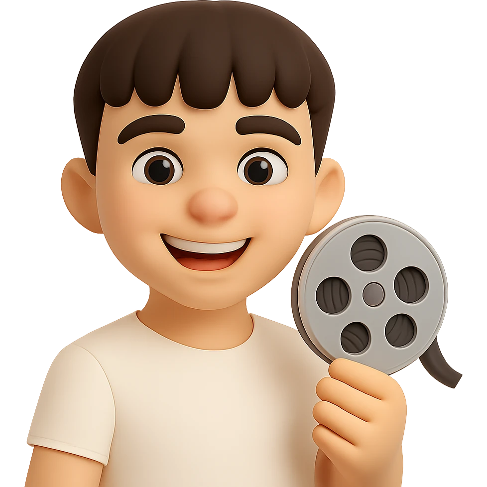 Make the character look happier and with a lighter skin tone, keeping the same 3D cartoon style. Keep the film reel and white shirt. Preserve the transparent background. emoji