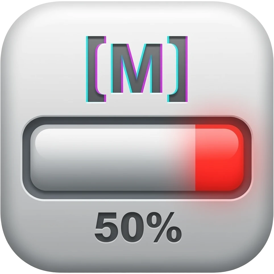 Horizontal spectrum bar. Text "[M]" with subtle RGB glitch effect. Next to it, a charging bar of 8 bit blocks, 50% filled with glowing red light, ending with a glitching red square. Retro futurism, CRT texture. emoji