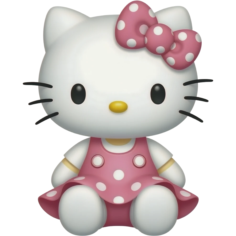 hello kitty sitting down wearing pink with white polka dots skirt and a white shirt with a pink with white polka dots bow emoji