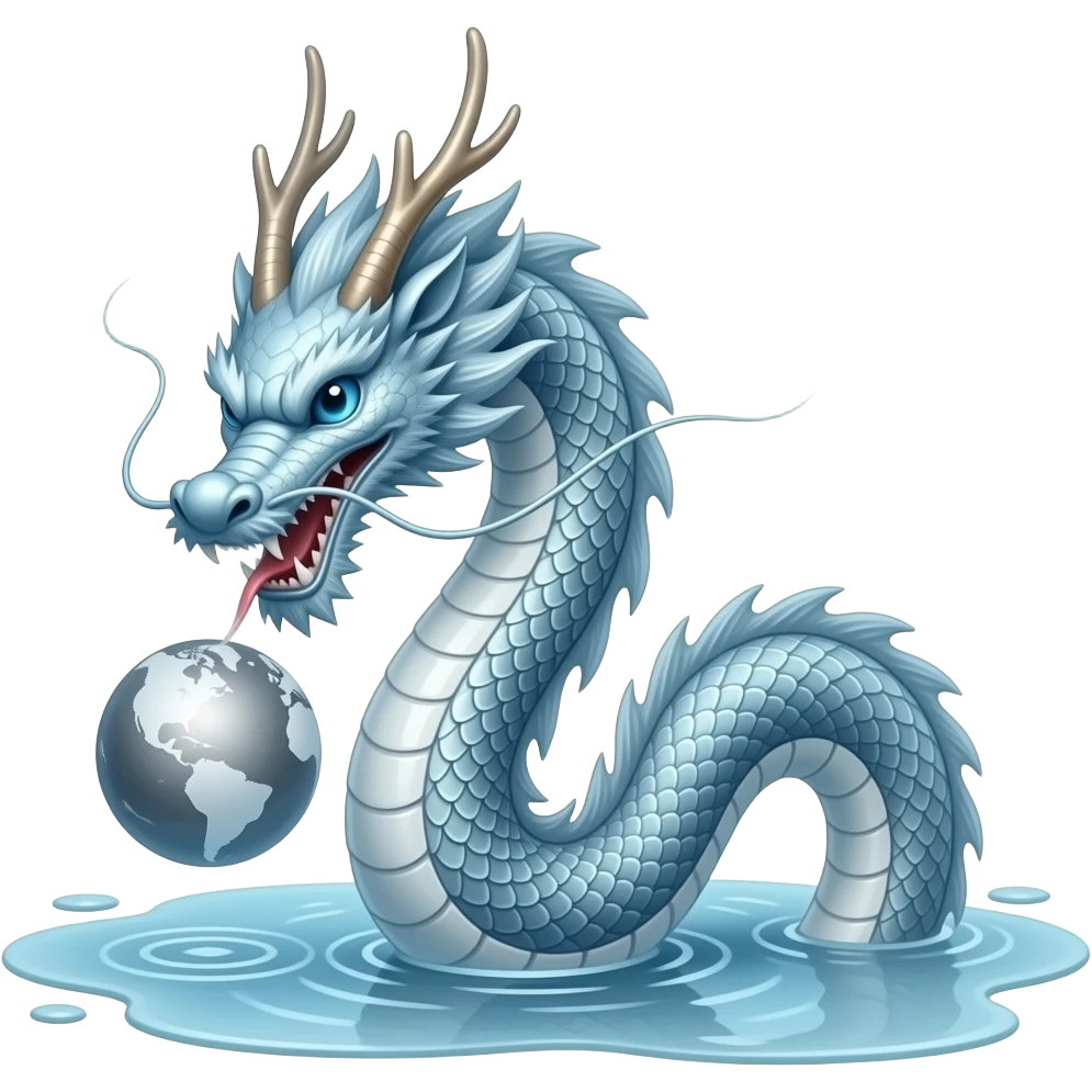 A long silver-blue Chinese serpentine dragon emerges from a puddle of water, hovers above the surface, playing with a silver planet. emoji