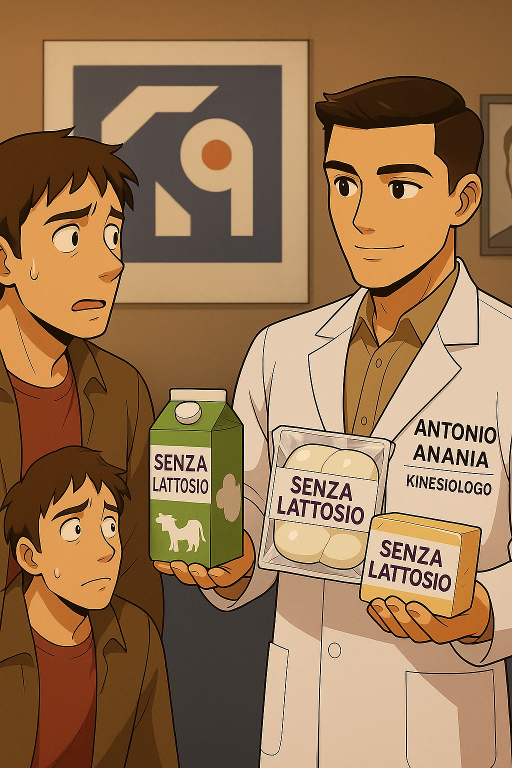 fai un webtoon manga a colori con questo stile, in cui un uomo ASCOLTA Il kinesiologo con il camice bianco (fagli anche la scritta "ANTONIO ANANIA" SUL CAMICE, IL KINESIOLOGO SPIEGA ALL'UOMO UNA MOSTRANDO VARI PRODOTTI DA SUPERMERCATO CONFEZIONATI (TIPO SCATOLA DI LATTE, MOZZARELLE CONFEZIONATE, FORMAGGIO CONFEZIONATO), OGNI CONFEZIONE HA LA SCRITTA "SENZA LATTOSIO SULL'ETICHETTA. L'UOMO OSSERVA IL KINESIOLOGO CON ESPRESSIONE CONFUSA IN VOLTO. non fare i fumetti però, fai solo in modo che sembri stiano parlando emoji