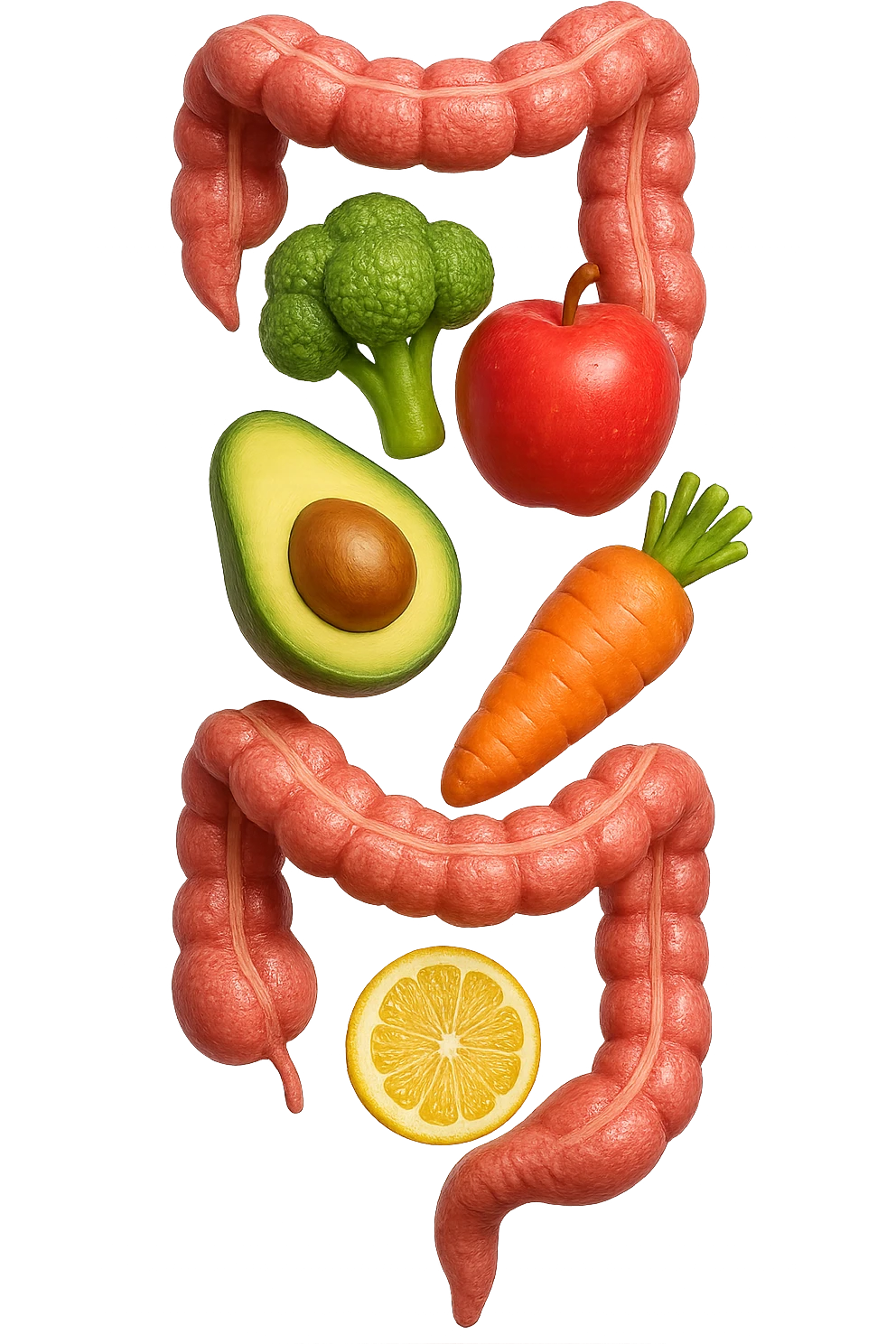 emoji stile iphone in 3d di cibo sano che fluttua in aria vericalmente insieme a pezzi di colon umano anatomico, iperrealistico 4k emoji