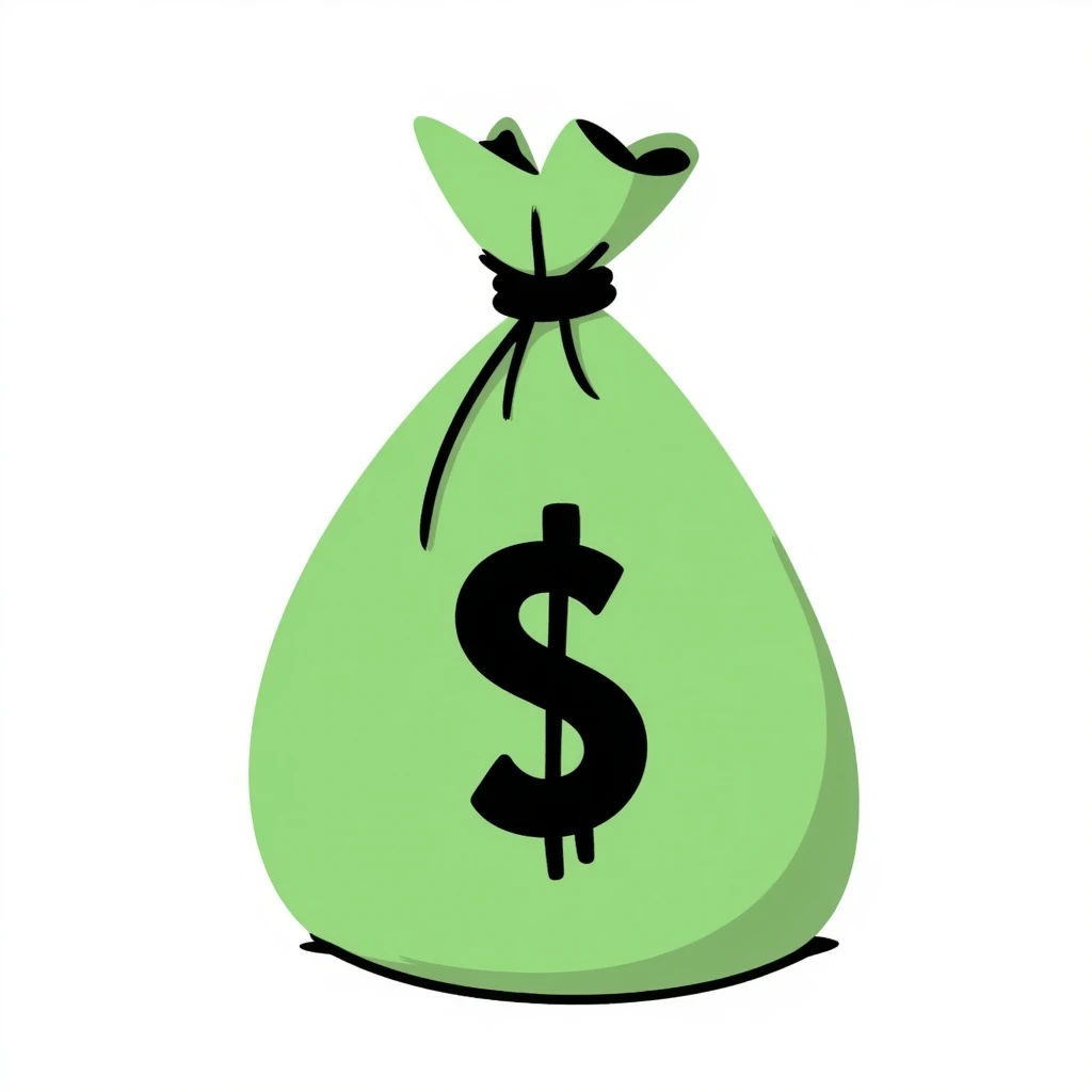 A money bag in black doodle style, hand-drawn with a simple green bag and a dollar sign, no additional text or symbols. emoji