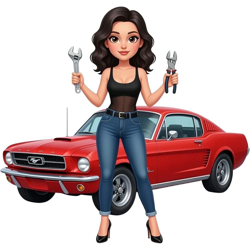 Pale girl with wavy jet black hair and brown eyes in front of a red ford mustang 1968 coupe. Girl wearing a sheer black sleeveless top, low rounded neckline, jeans and heels with visible toes. Girl holding an adjustable wrench in his right hand and a pair of multi-grip pliers in his left hand. emoji