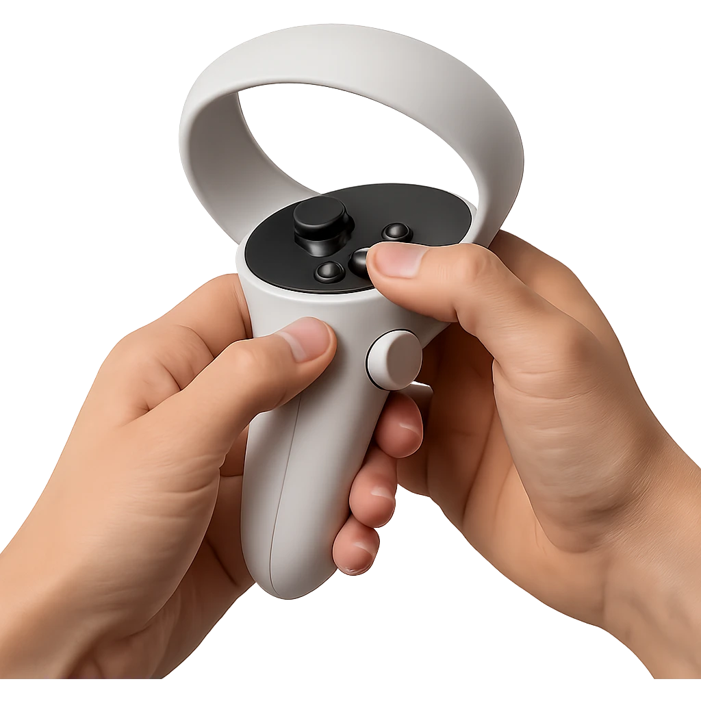 close-up of hands holding a VR controller emoji