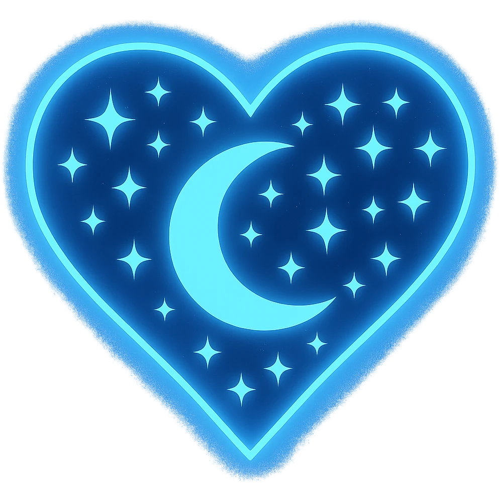 Add more stars to the heart with a crescent moon and stars, keep the dark blue background and glowing edges, no background. Maintain the style and glowing edges of the original image. emoji