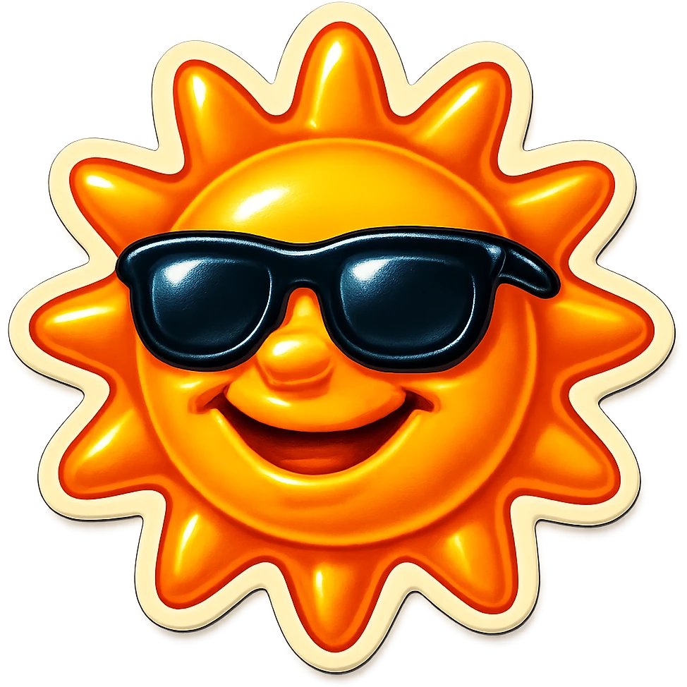 a smiling sun with sunglasses, retro sticker style emoji