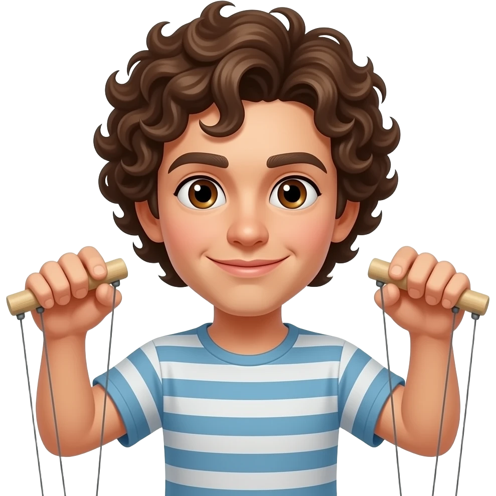 Una persona riccia, occhi marroni che gestisce le sue marionette emoji