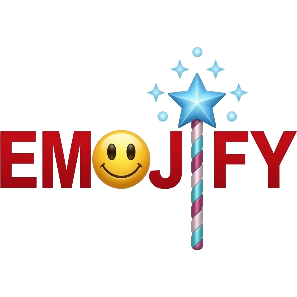 Red text "EMOJIFY" is stretched in height and width. Letter "I" in the form of a magic wand with a smiley face on the end. emoji