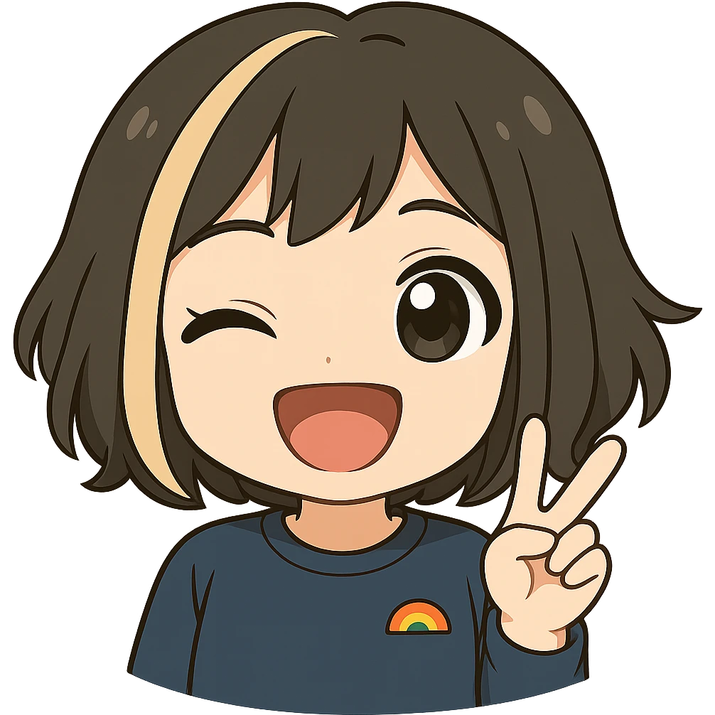 Edit this exact chibi girl in the same anime chibi style, keeping the same face, hair, and outfit. Remove the tears, add one eye winking, a big open-mouthed grin, and a peace sign with her hand. Make it suitable for Twitch emoji use with a transparent background. emoji