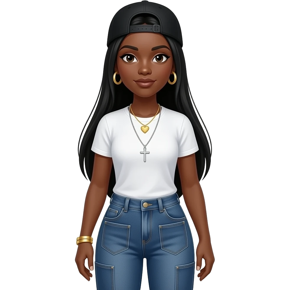 African American woman with long straight black hair wearing a adjustable black hat to the back wearing a white T-shirt wearing jeans with big square patches on it wearing gold hoop earrings wearing a gold bracelet wearing a gold heart tennis necklace and a silver cross tennis necklace emoji
