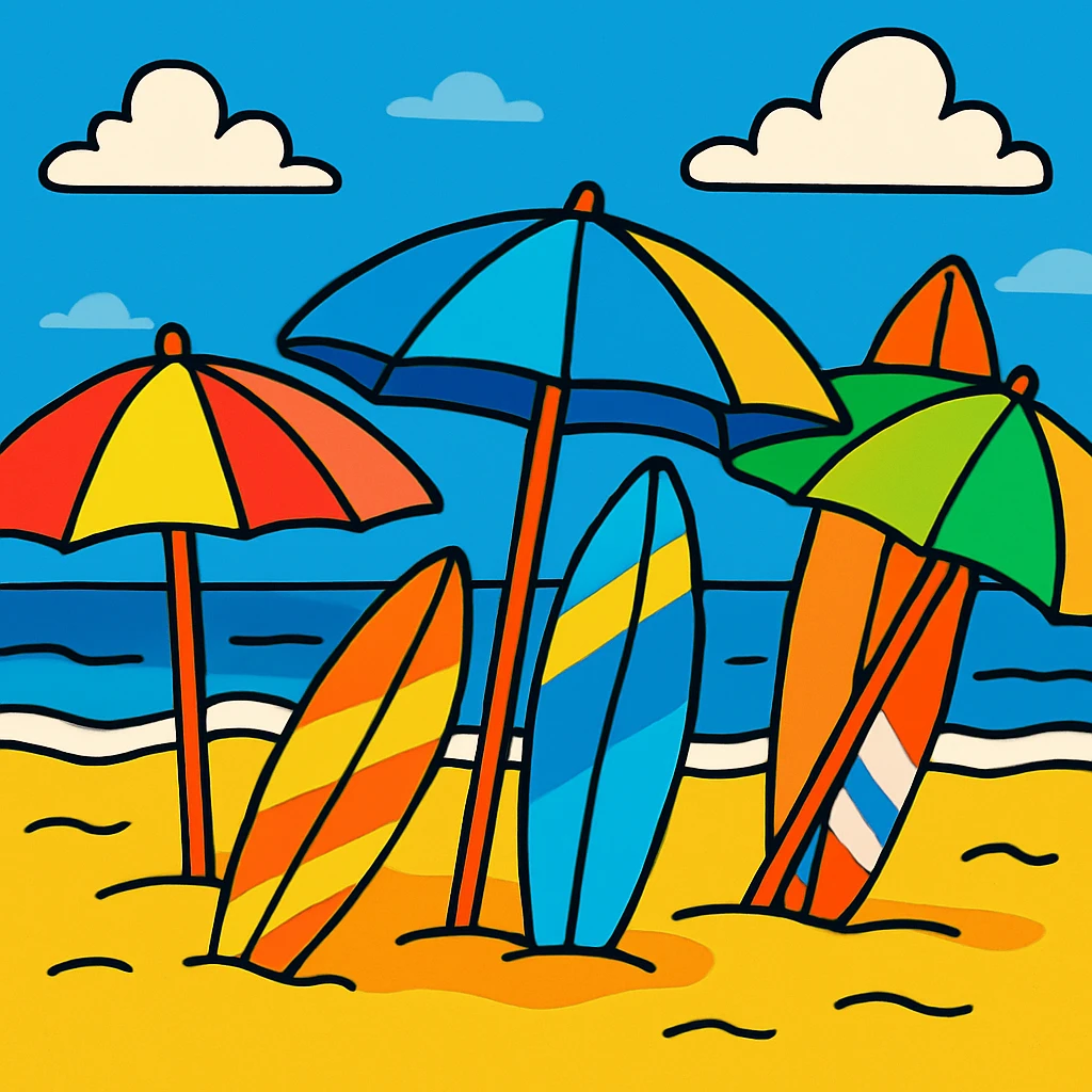 a vibrant cartoon beach with umbrellas and surfboards emoji