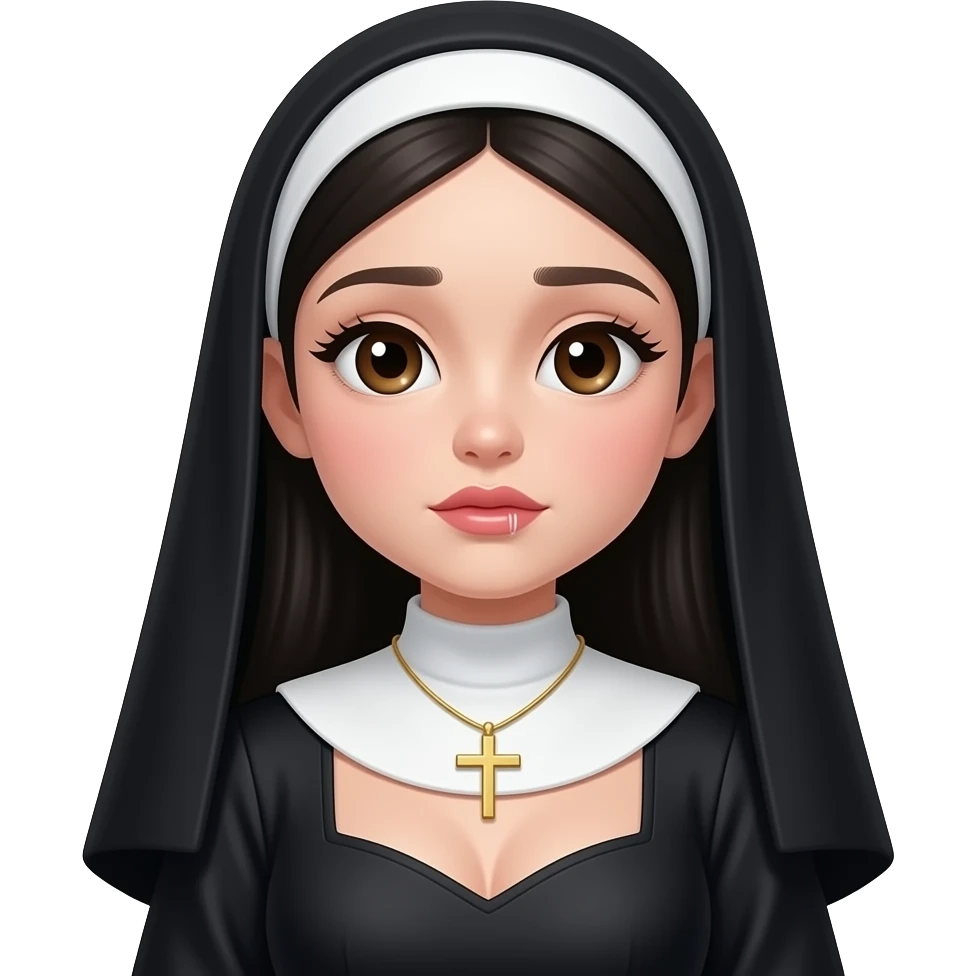 Nun with black hair, dark eyebrows, curvy chest, big brown eyes and long eyelashes and pity lips, a cute dainty gold cross, white skin, long hair showing no scarf over hair just small black veil, lipgloss on emoji