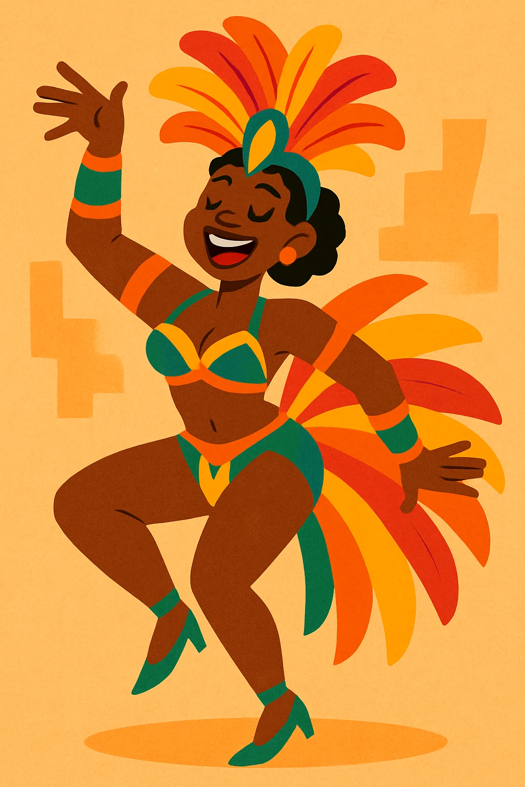 Black individual dancing samba, bright costume, rhythmic movement, celebratory mood emoji