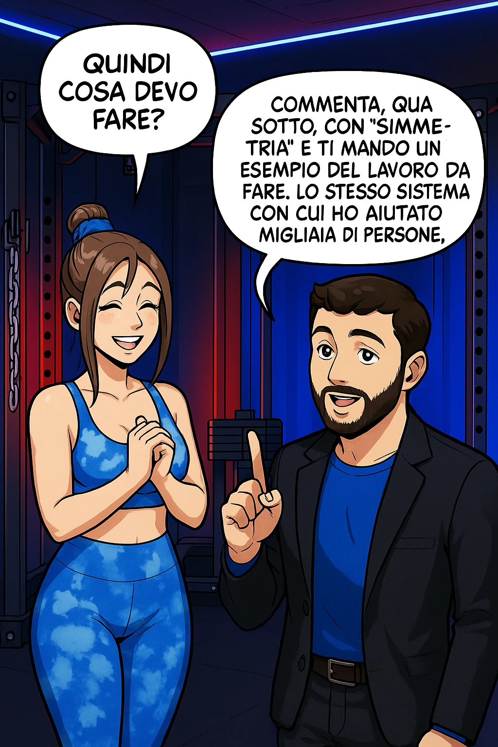 TRASFORMA QUESTO CAROSELLO IN UN FUMETTO STILE WEBTOON/MANGA A COLORI CON QUESTE DUE PERSONE IDENTICHE CHE INTERLOQUISCONO TRA LORO, LA DONNA SEMBRA SOLLEVATA/SODDISFATTA E CONTENTA:

LEI (DONNA): Quindi cosa devo fare?
LUI (UOMO): Commenta, qua sotto, con “simmetria” e ti mando un esempio del lavoro da fare. Lo stesso sistema con cui ho aiutato migliaia di persone, fra cui centinaia di donne a risolvere definitivamente gli inestetismi. emoji