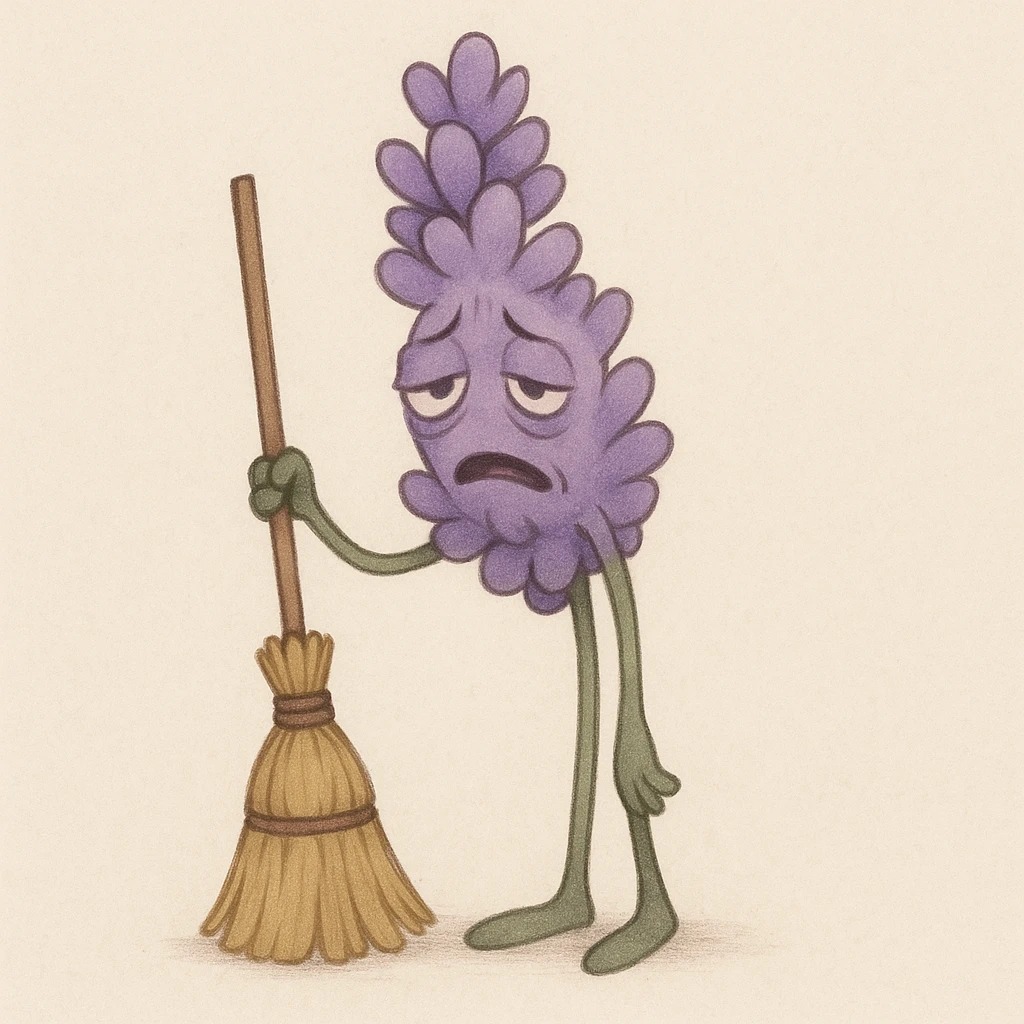 soft purple lavender flower holding a broom, looking extremely fatigued emoji