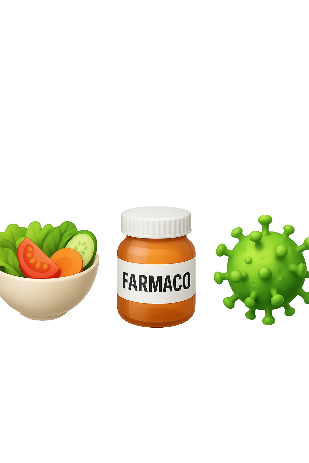 EMOJI STILE IPHONE DI una bowl di insalata, una boccetta di farmaco con la scritta "FARMACO" SULLA BOCCETTA E UN VIRUS, FLUTTUANO IN ARIA, IPERREALISTICO 4K emoji