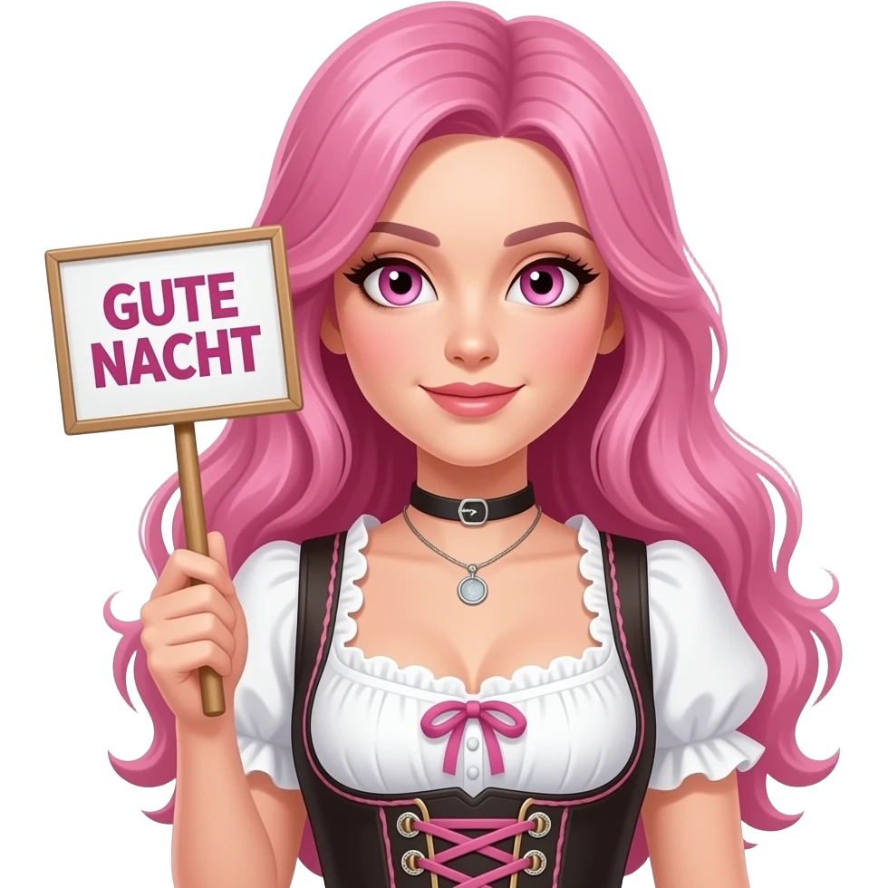 sexy girl with long pink hair and pink eyes wearing a dirndl holding a GUTE NACHT sign emoji