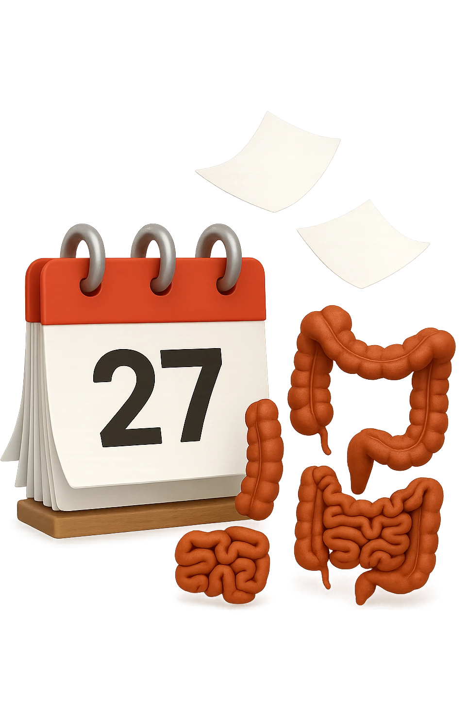 emoji stile iphone di un calendario con fogli che volano insieme a pezzi anatomici di colon umano, iperrealistico 4k, isolato su sfondo bianco emoji