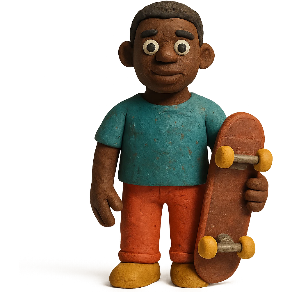 matte plasticine claymation style black man holding a skateboard emoji