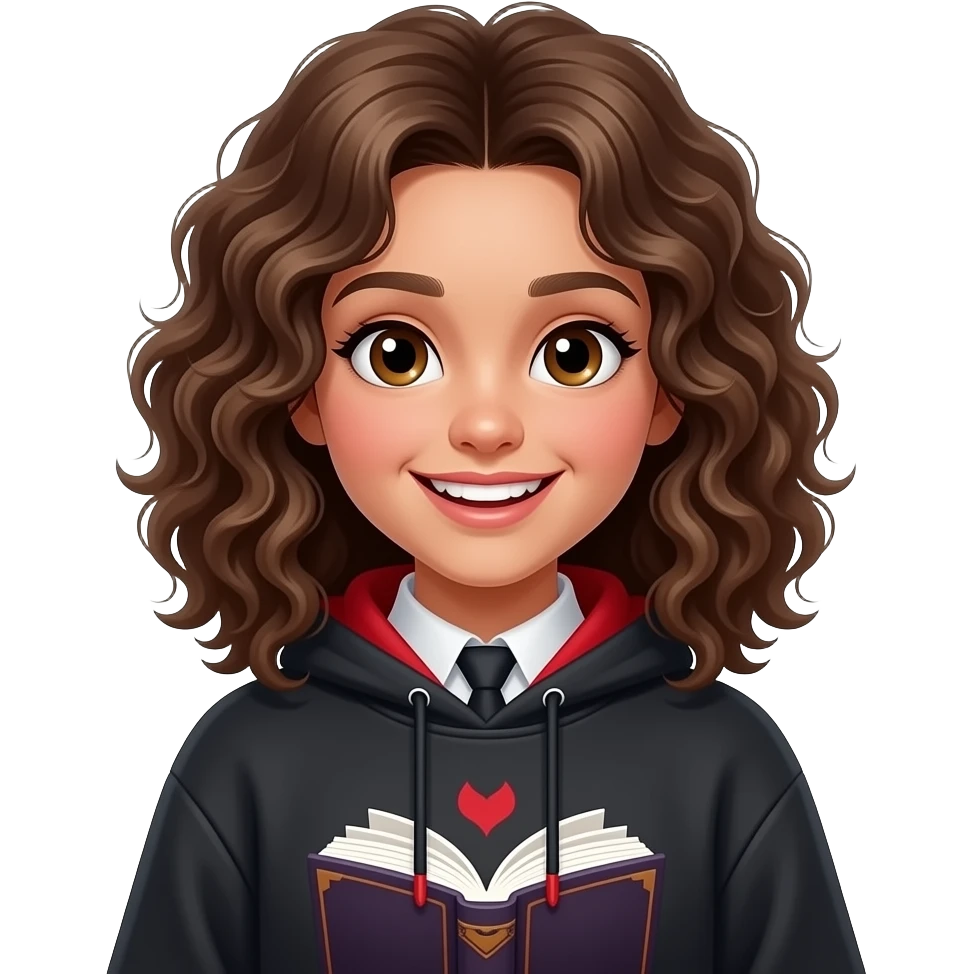 medium brown skin 13 yo girl with wild medium brown loose curls medium length hair who is grinning and wearing a vampire/book themed sweatshirt emoji
