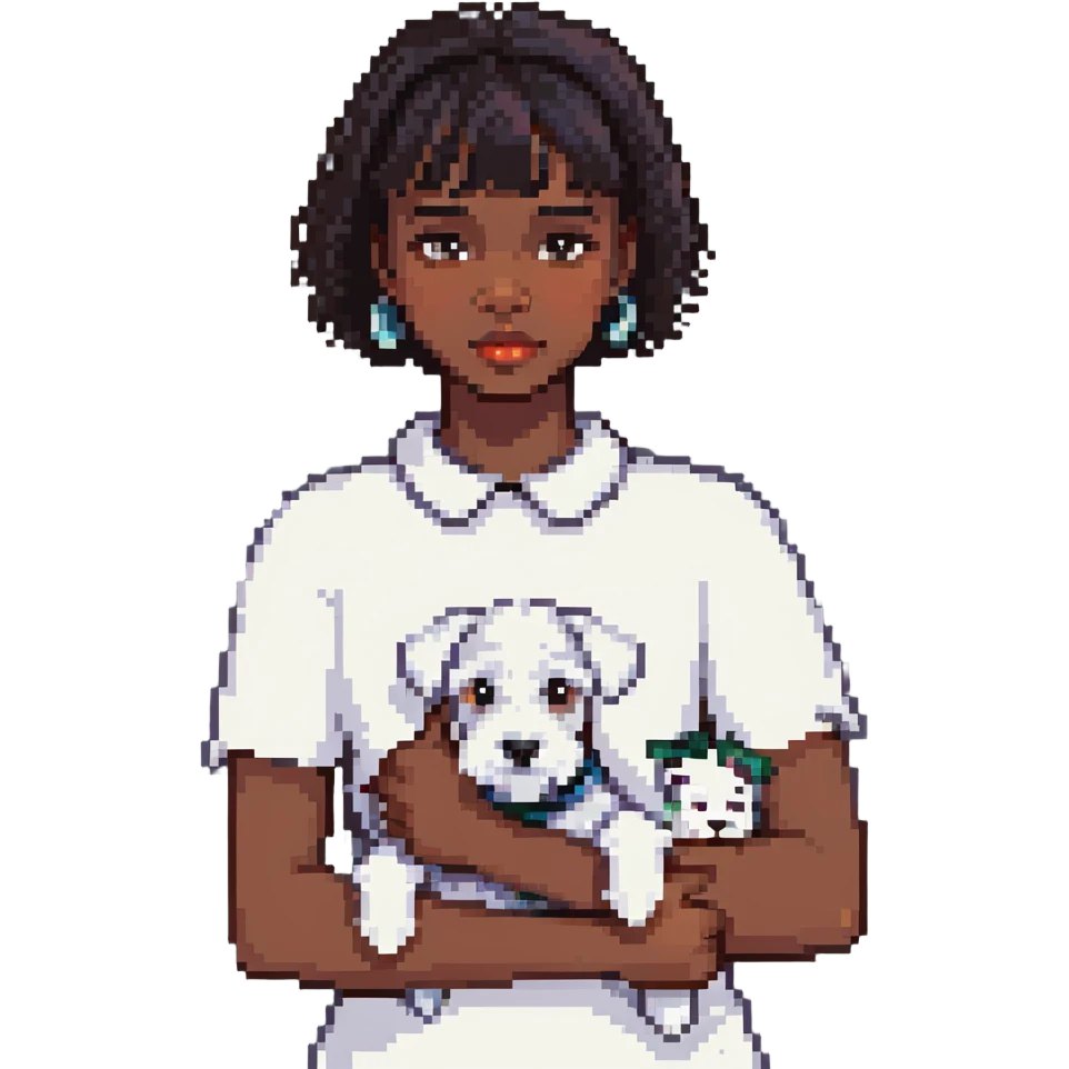 Black girl with short bangs holding a white schnauzer dog emoji