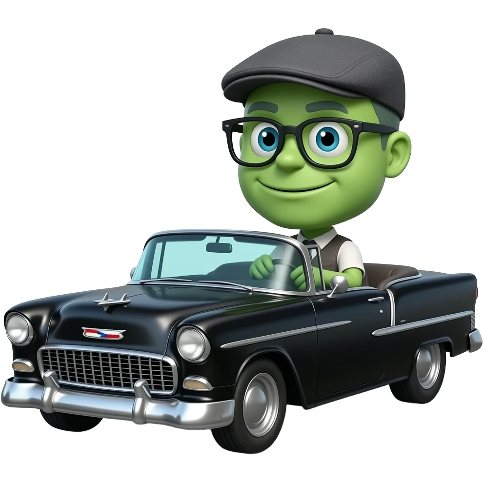monster with flatcap and glasses driving black 1955 chevy 3/4 view emoji