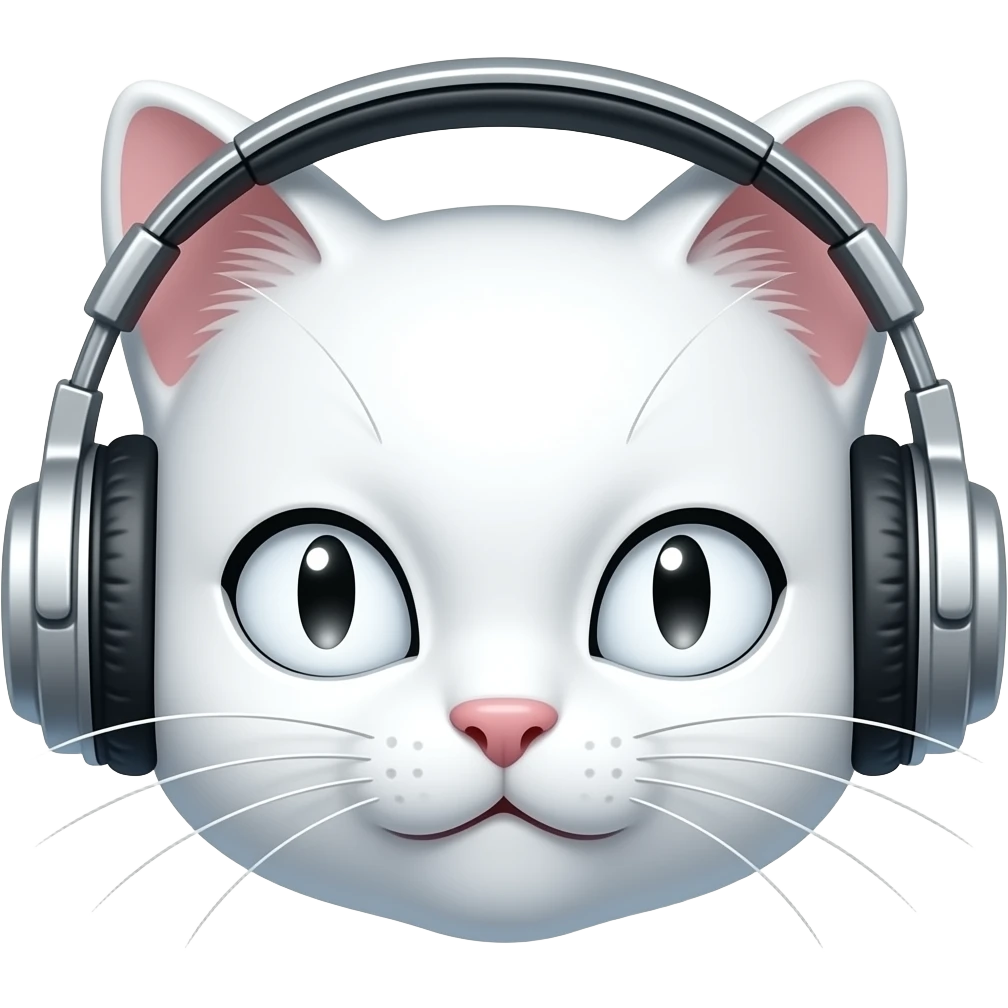 Portrait of a white futuristic anime cat with white eyes, listening to music with headphones emoji