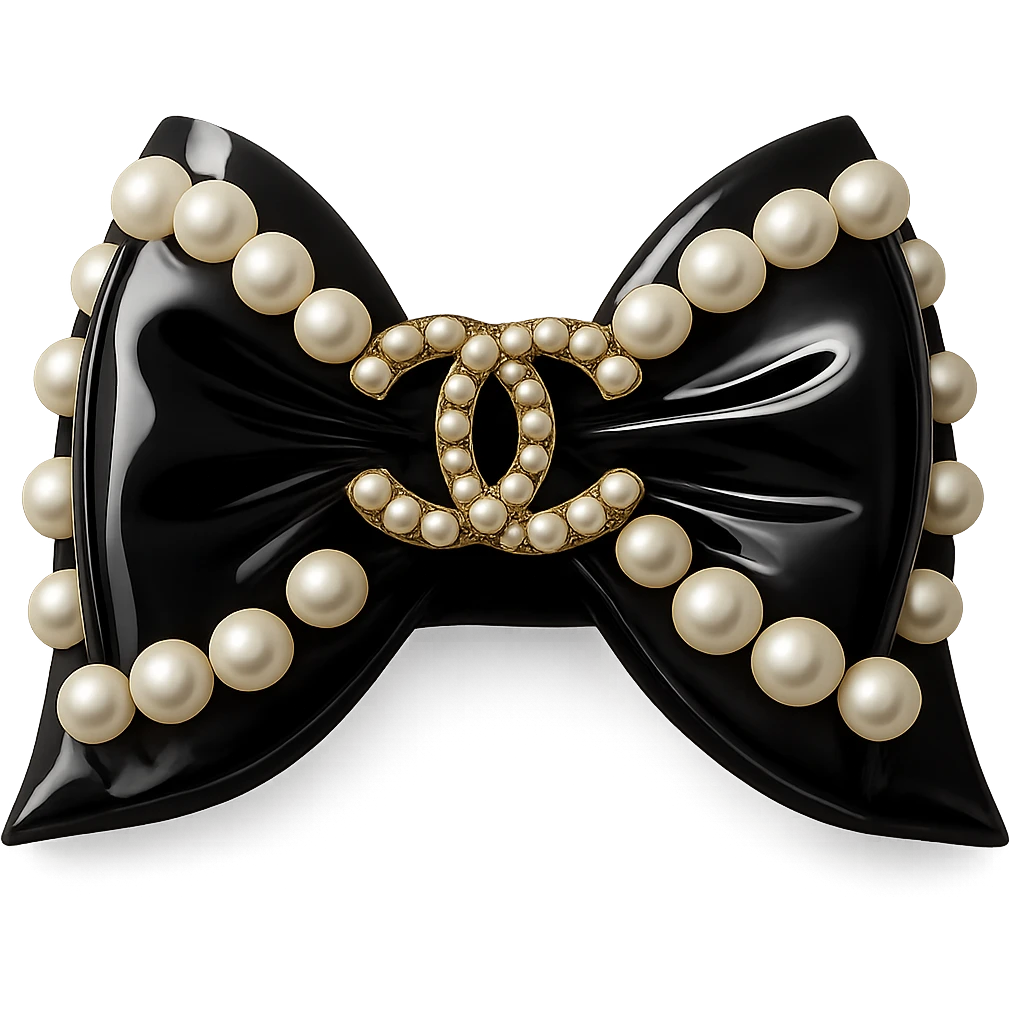 Add a solid white background behind an elegant bow with pearls and a gold Chanel logo, in a glossy, monochrome, realistic style with soft reflections and highlights. emoji