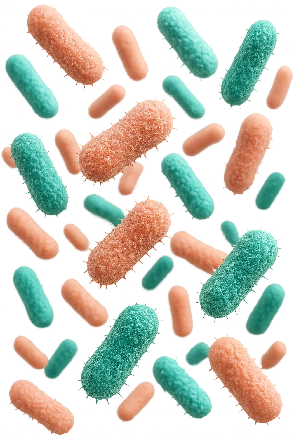 batteri intestinali rosa salmone e turchesi fluttuano in aria, iperrealistici 4k emoji